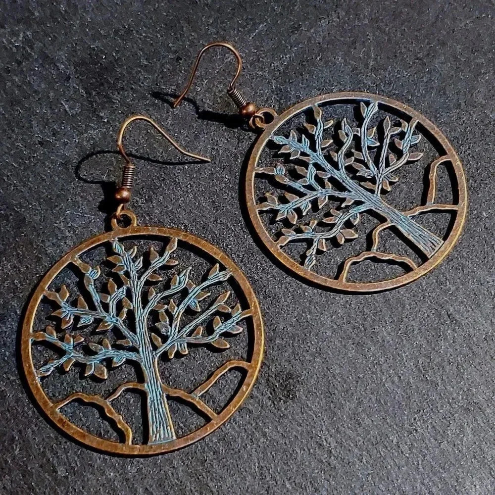 Antique Copper Verdigris Blue Green Patina Open Tree of Life Earrings